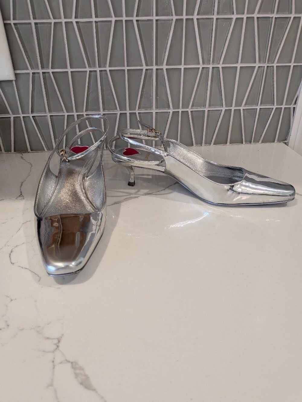 Larroude Patent Leather Silver Metallic Sling Back Kitten Heels 6.5